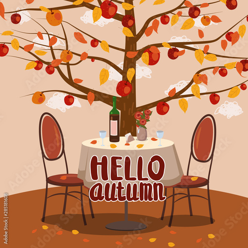 Hello Autumn cafe table with wine for two persons autumn branches of falling leaves foliage  chairs
