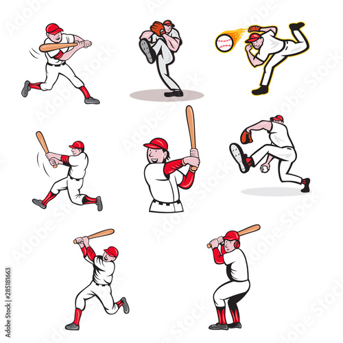 Set or collection of cartoon character mascot style illustration of a baseball player, pitcher and batter on isolated white background.