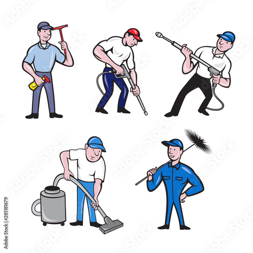 Set or collection of cartoon character mascot style illustration of a window cleaner, janitor, chimney sweeper, janitor and pressure spray washer full body on isolated white background.