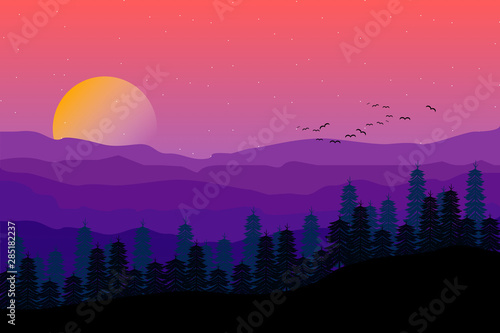 Sunset landscape with mountain and sky illustration