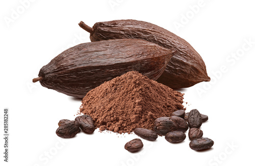 Roasted cocoa beans, powder and pods isolated on white background photo