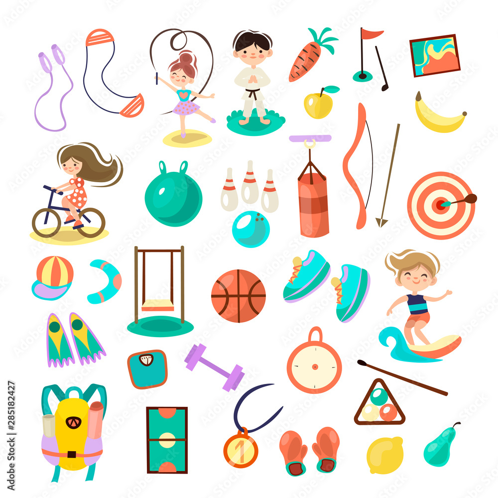 Kids doing sport games, vector cartoon illustration. Playing, jumping, swimming boys and girls with sports equipment, balls. Sport games and summer kids activities with equipment on white background Kids doing sport games, vector cartoon illustration. Playing, jumping, swimming boys and girls with sports equipment, balls. Sport games and summer kids activities with equipment on white background