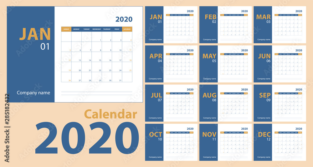 2020 calendar. English planner. Сolor vector design template. Week starts on Sunday. Business planning 2020 calendar. English planner. Сolor vector design template. Week starts on Sunday. Business planning