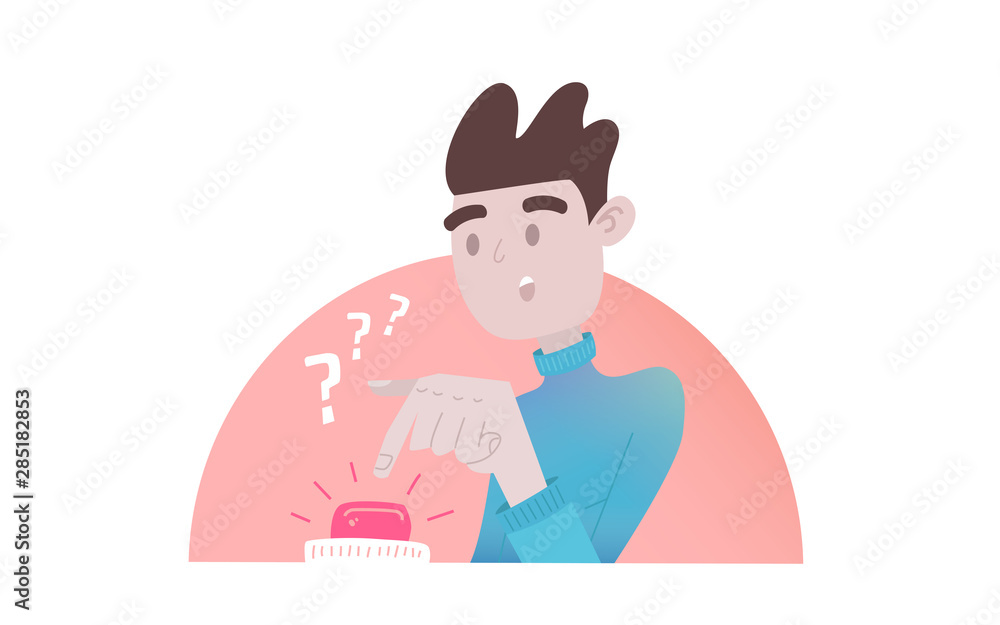 Cartoon character and red button. A person makes a difficult choice, presses the red button, an alternative decision, makes a decision. Danger Button Concept