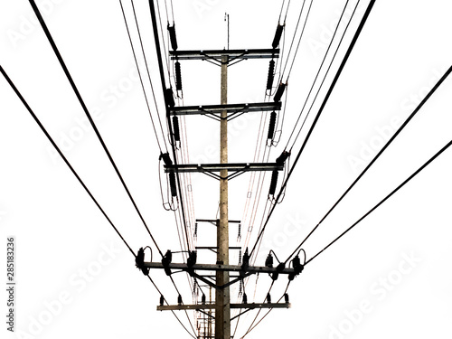Electricity pole, Black and White electric pole on bright sky, high-voltage tower on white background