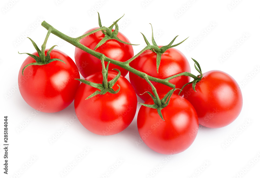 Branch of delicious fresh cherry tomatoes, isolated on white background Branch of delicious fresh cherry tomatoes, isolated on white background