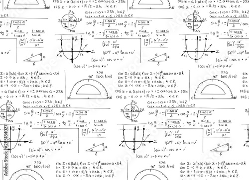 Vintage education background. Trigonometry law theory and mathematical formula equation on whiteboard. Vector hand-drawn seamless pattern.