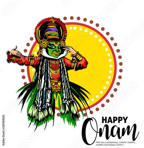 illustration of colorful Kathakali dancer and snakeboat race in Onam celebration on background for Happy Onam 