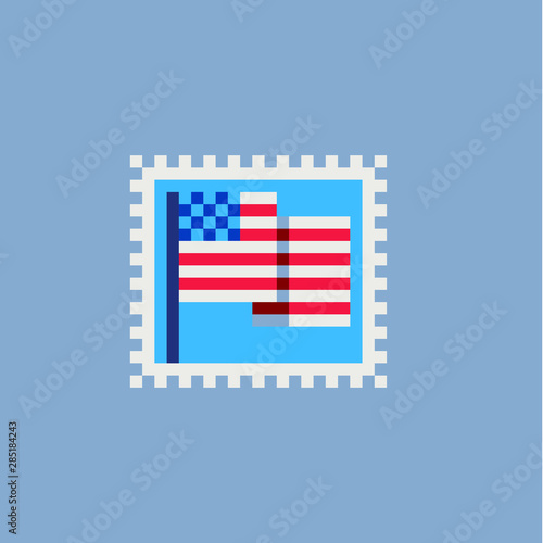 Vintage postmark American flag template pixel art icon, king, bee, teapot with tea, hare and wolf. Design for logo, sticker and mobile app. Сartoon flat style. Isolated vector illustration. 