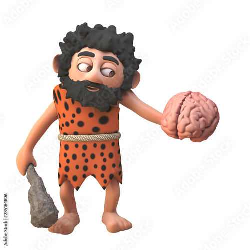 3d prehistoric caveman character holding a human brain and club, 3d illustration photo