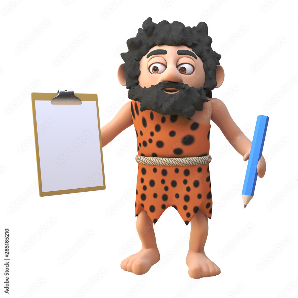 Funny 3d cartoon prehistoric caveman holding a clipboard and pencil, 3d  illustration Stock Illustration | Adobe Stock