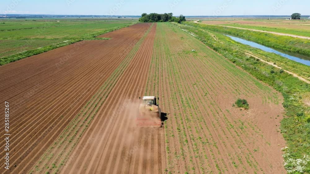 Tractor Hilling Potatoes with disc hiller in a potato field from above
