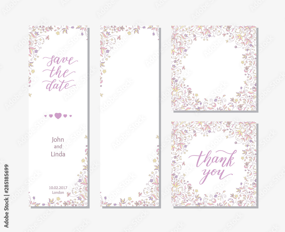 Wedding set template with flowers and hand lettering. Save the date, thank you.