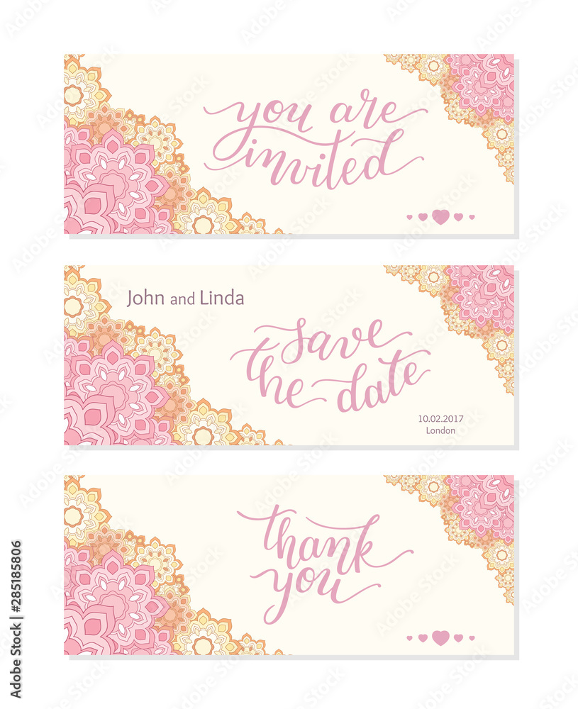 Wedding set template with flowers and hand lettering. You are invited, thank you, save the date.