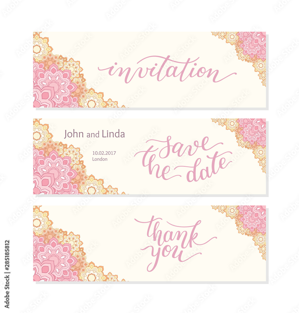 Wedding set template with flowers and hand lettering. Invitation, thank you, save the date.