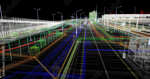 The BIM model of the of civil infrastructure object of wireframe view 