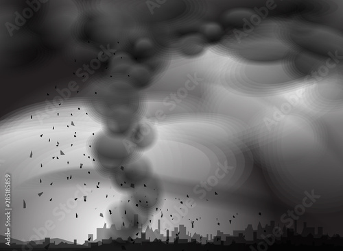 Destructive Hurricane over the city.  Wind cyclone, twisted vortex, dangerous natural disaster Vector Mockup Illustration. Huge Tornado, Storm, Danger Wind Waterspout. Smoke transparency effects