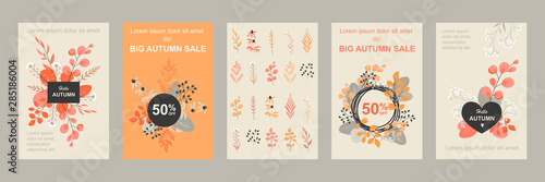Set of vector banners or flyers for autumn sale with flowers and leaves.