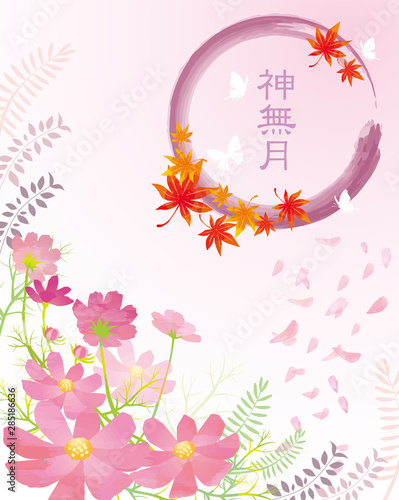 秋桜　10月　11月　9月　秋　花　紅葉　花びら　水彩　コーナーフレーム