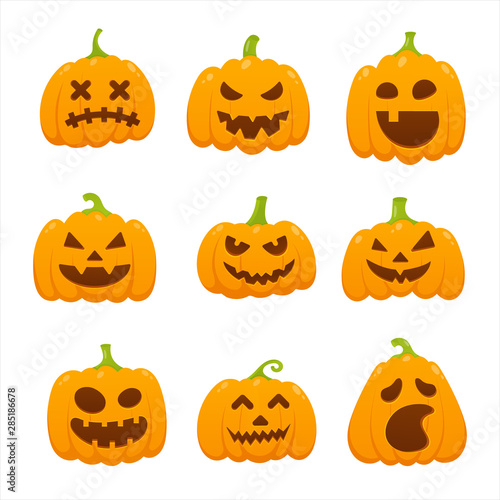 9 orange halloween pumpkins set with scary face expression grimace flat style design vector illustration isolated on white background.