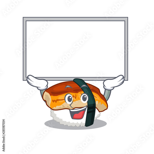 Up board unagi sushi served above mascot plate