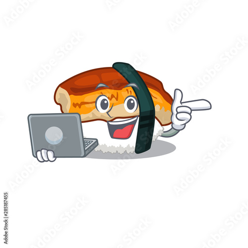 With laptop unagi sushi served above mascot plate