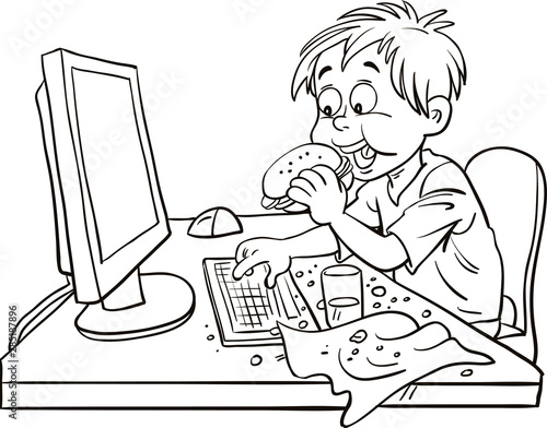 the child eats in front of the computer