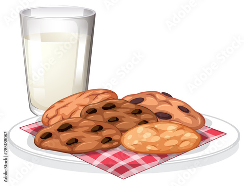 Chocolatechip cookies and glass of milk