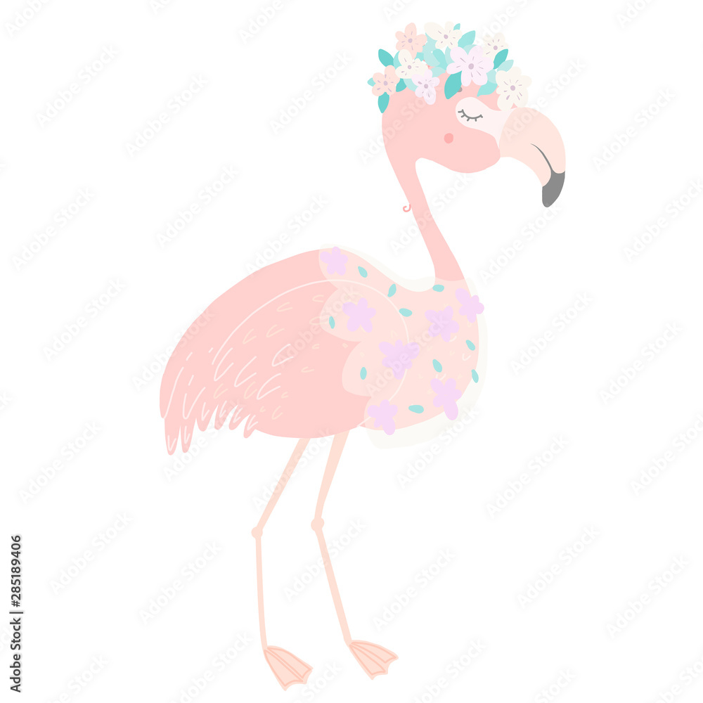 Cute pink flamingo, with flower veil and flower wreath. Cute pink flamingo, with flower veil and flower wreath.