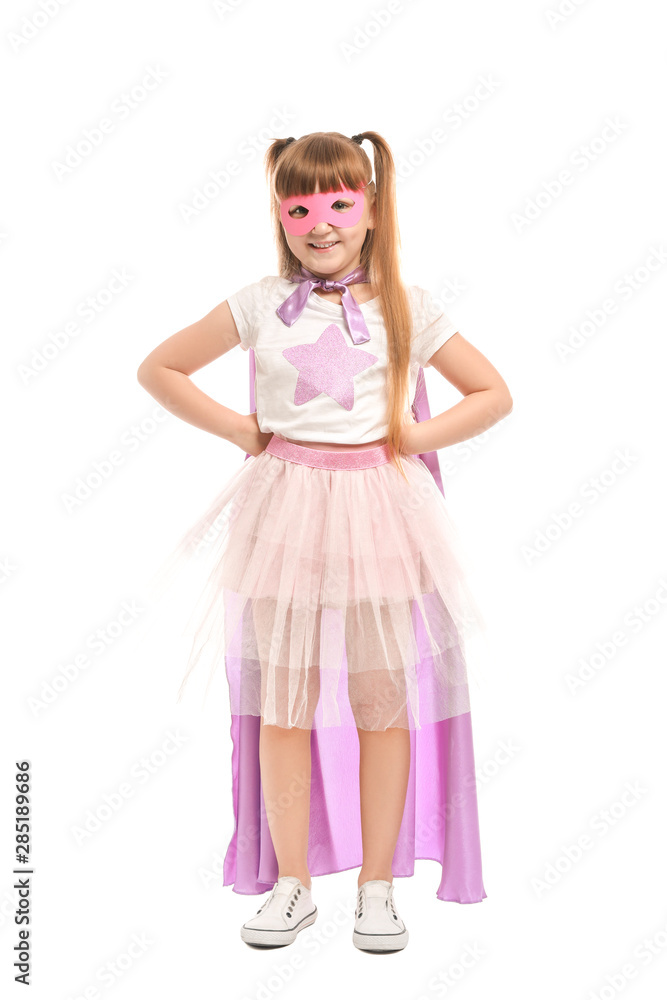 Cute little girl dressed as superhero on white background Cute little girl dressed as superhero on white background