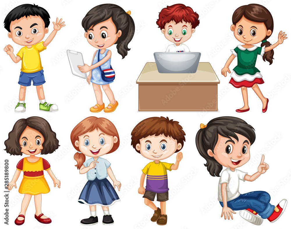 Set of isolated children in different actions Set of isolated children in different actions