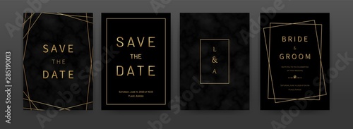 Black golden marble invitation cards. Vector artistic luxury texture backgrounds with geometric frames, design template for pattern, graphic poster, brochure, wedding birthday invitations