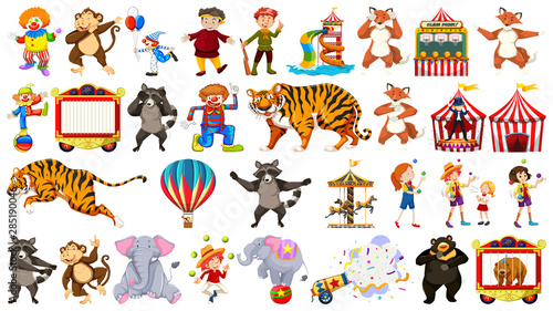 Circus set with animals rides and clowns on isolated background