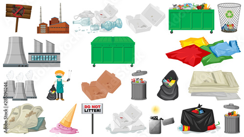 Pollution, litter, rubbish and trash objects isolated