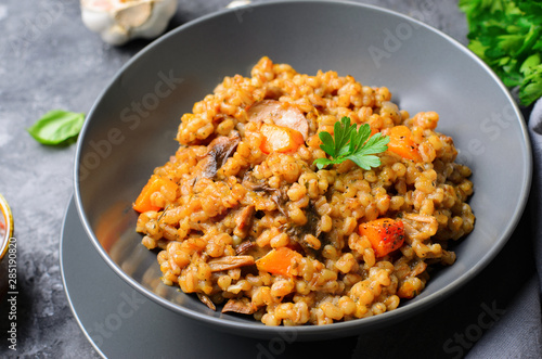 Spelt Pumpkin Mushroom Risotto on Grey Background, Vegetarian Meal