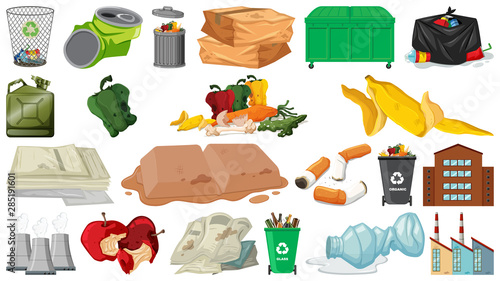 Pollution, litter, rubbish and trash objects isolated