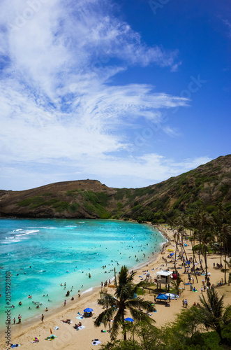 Oahu's Most Famous Beach, Hanauma Bay. Snorkelling at the coral reef of Hanauma Bay, a former volcanic crater, now a national reserve