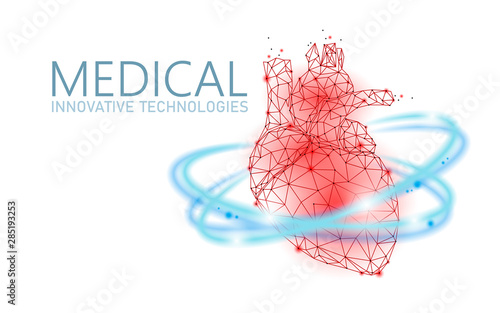 Total healthy heart beats 3d medicine low poly concept. Triangle red pharmacy drugstore background. Glowing arrows modern heart recovery reconstruction vector illustration