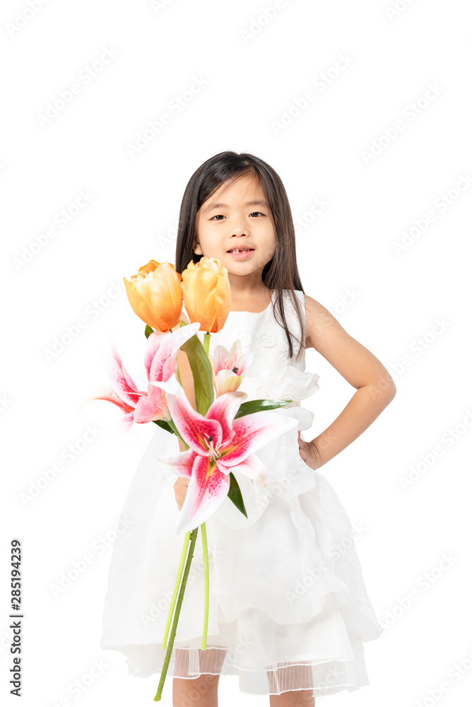 Portrait of so cute thoughtful asian child girl with flower in hands isolated on white background . Imagine, idea ,fun ,dreaming ,Thinking freedom people. Space for text. Portrait of so cute thoughtful asian child girl with flower in hands isolated on white background . Imagine, idea ,fun ,dreaming ,Thinking freedom people. Space for text.