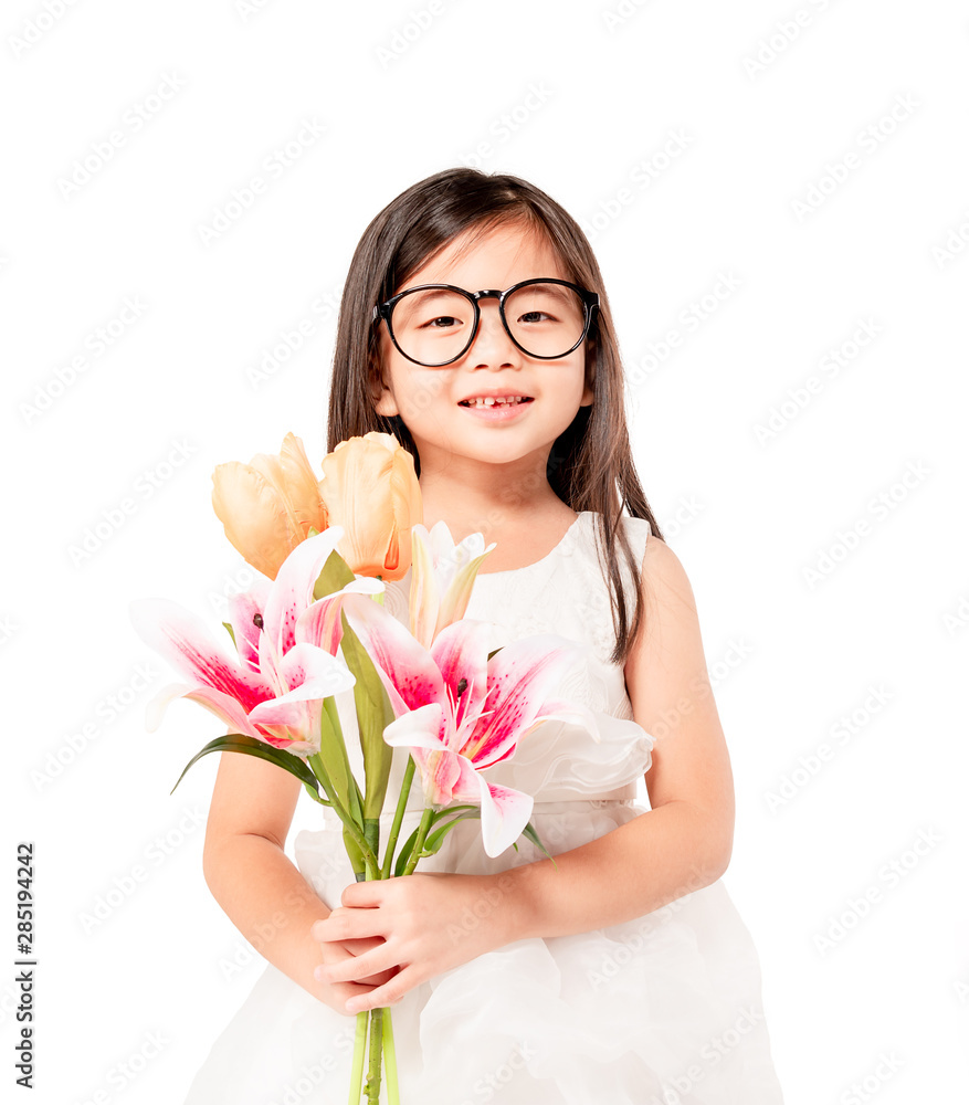 Portrait of so cute thoughtful asian child girl wear glasses eyes with flower in hands isolated on white background . Imagine, idea ,fun ,dreaming ,Thinking freedom people. Space for text. Portrait of so cute thoughtful asian child girl wear glasses eyes with flower in hands isolated on white background . Imagine, idea ,fun ,dreaming ,Thinking freedom people. Space for text.