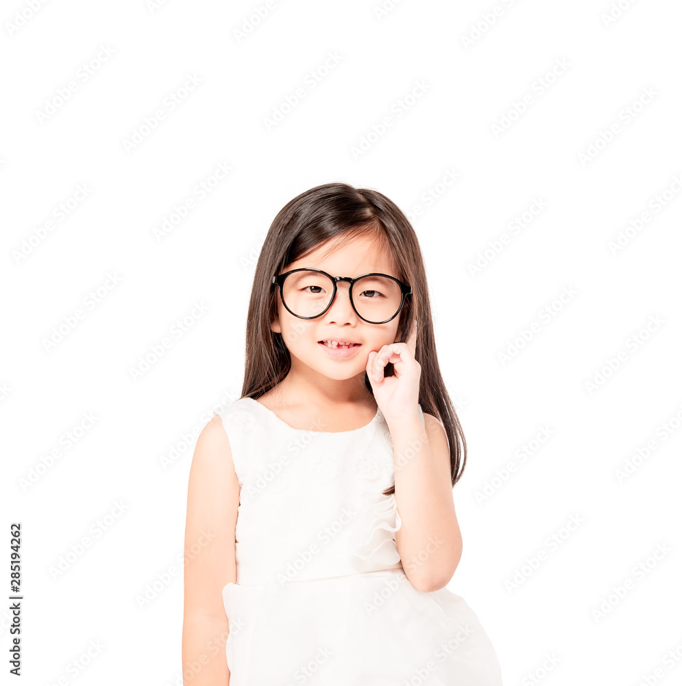 Portrait of cute thoughtful asian child girl wear glasses eyes isolated on white background . Imagine, idea ,fun ,dreaming ,Thinking freedom people. Space for text. Portrait of cute thoughtful asian child girl wear glasses eyes isolated on white background . Imagine, idea ,fun ,dreaming ,Thinking freedom people. Space for text.