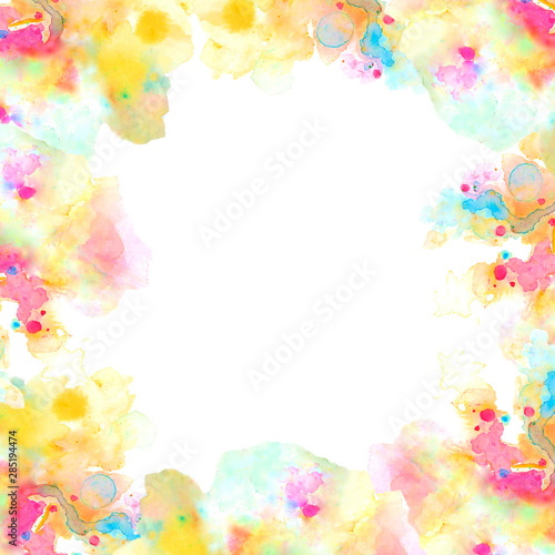 Bright frame of abstract watercolor spots. For artistic design of images  photos. It s hand painted.