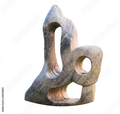 Abstract of big granite ,marble rock stone with holes in the garden zen japan style .Decorative Sculpture rock aged stone isolated on white background.Texture decoration at home concept,clipping path