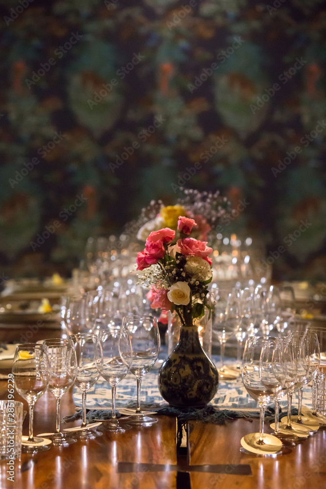 Glasses for champagne, wine, stand on a table. Wedding party, dinner or special event Glasses for champagne, wine, stand on a table. Wedding party, dinner or special event