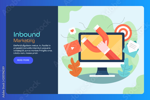 Inbound marketing strategy, attracting new audience, lead generation, web banner template, flat illustration.