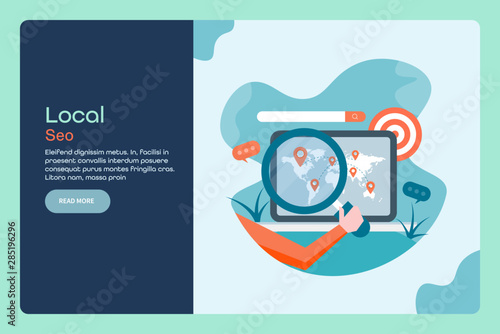 Local seo strategy, local business listing on search engine, man searching local shop on laptop, vector web banner, flat illustration.