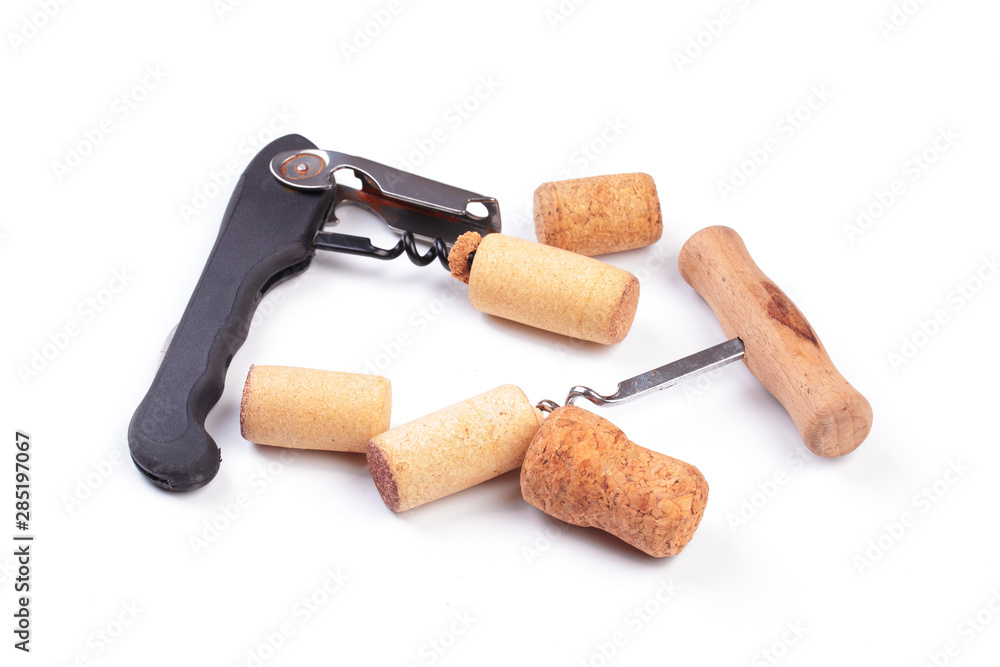 corkscrew and wine cork isolated on white background - Image corkscrew and wine cork isolated on white background - Image