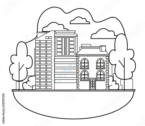 Urban buildings and city architecture in black and white