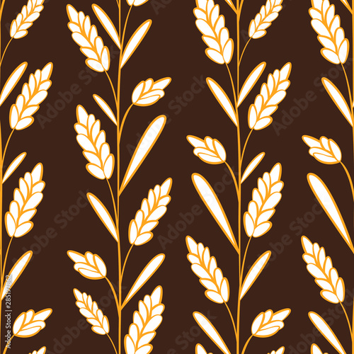 Vector seamless pattern with ears of wheat on dark brown background. Whole grain, organic, for bakery package, bread products. 