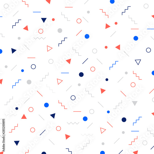 Abstract different geometric shapes pattern triangles, circles, dots, lines on white background. Memphis style.